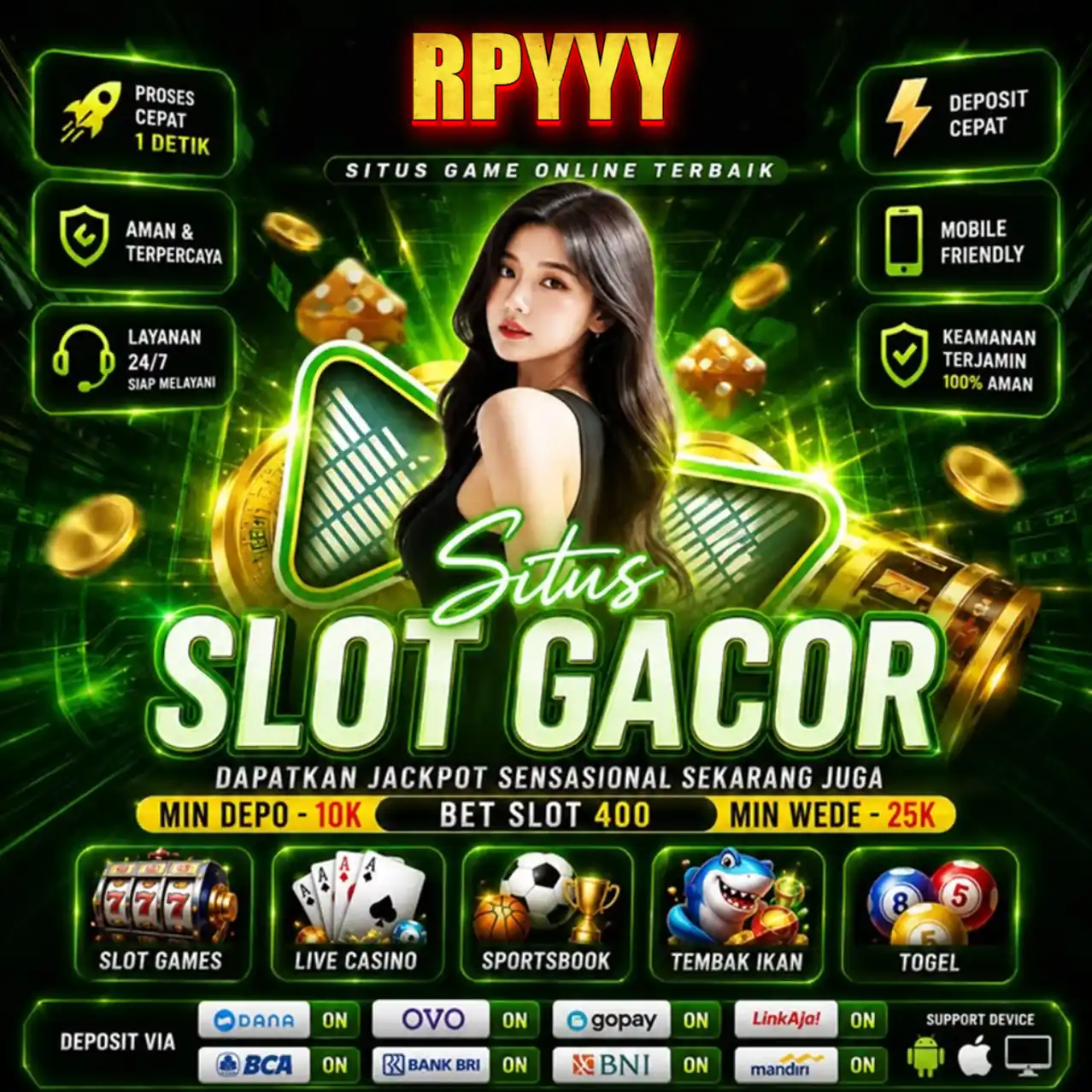 Tampilan utama aplikasi RPYYY dengan akses permainan digital